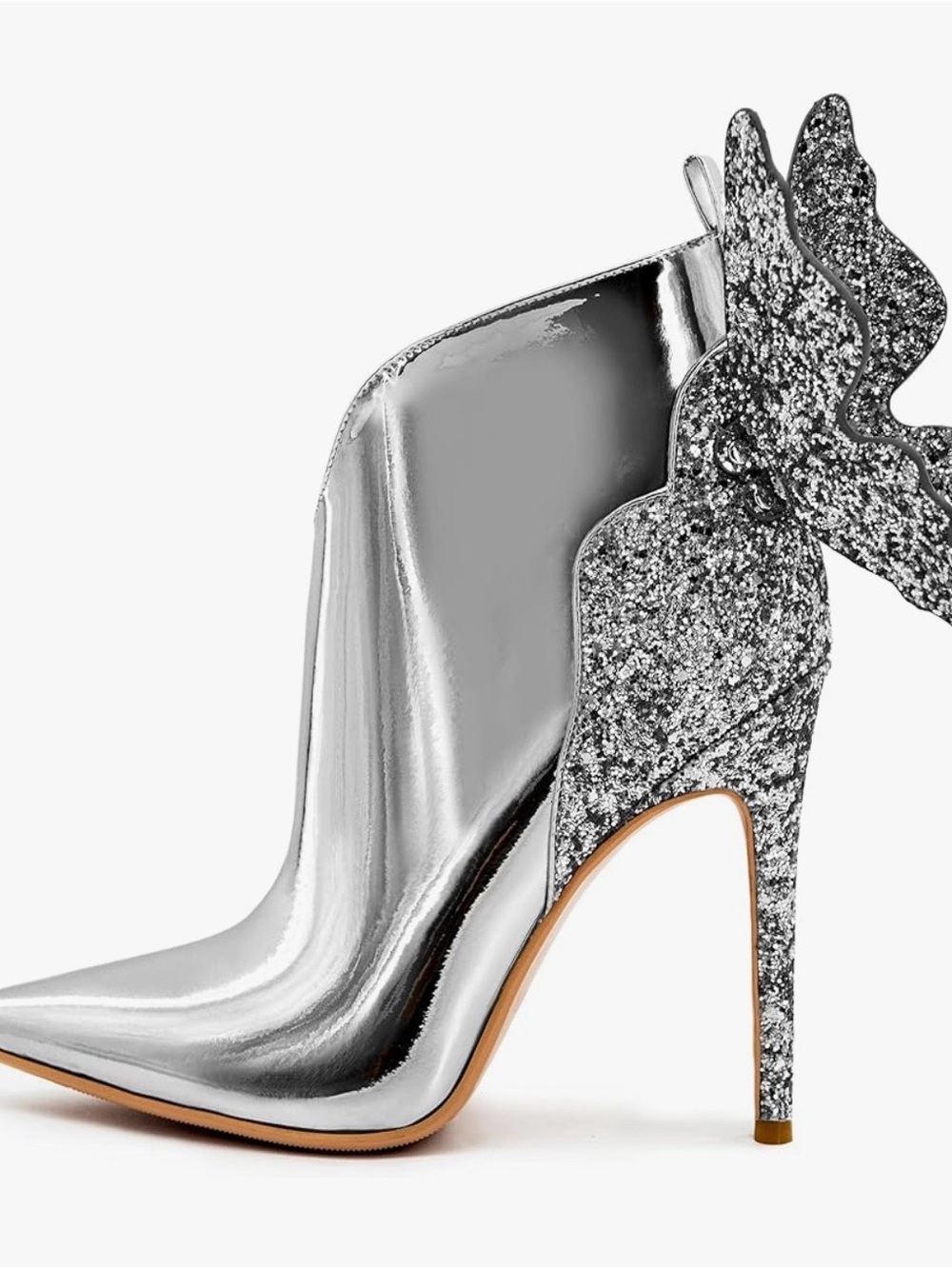 Silver Glitter Wing Stiletto Ankle Boot